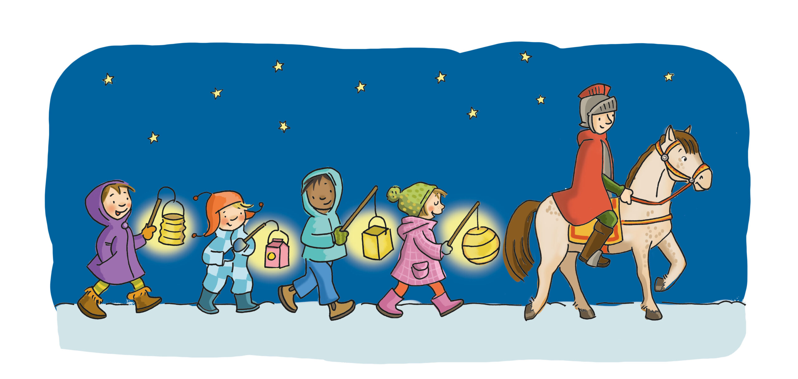 2020_Sankt_Martin_Teelichtbanderole Artwork eines Sankt-Martins-Umzugs: Kinder laufen mit leuchtenden Laternen dem heiligen Sankt Martin auf seinem Pferd hinterher.