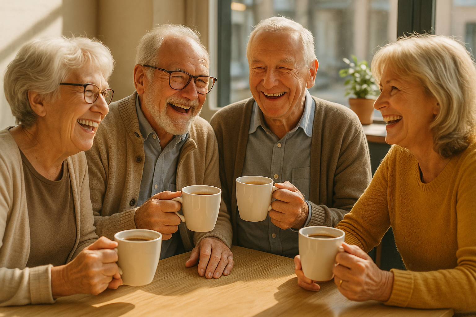 Eine Gruppe Senioren, die gemeinsam bei einer Tasse Kaffee Spaß haben