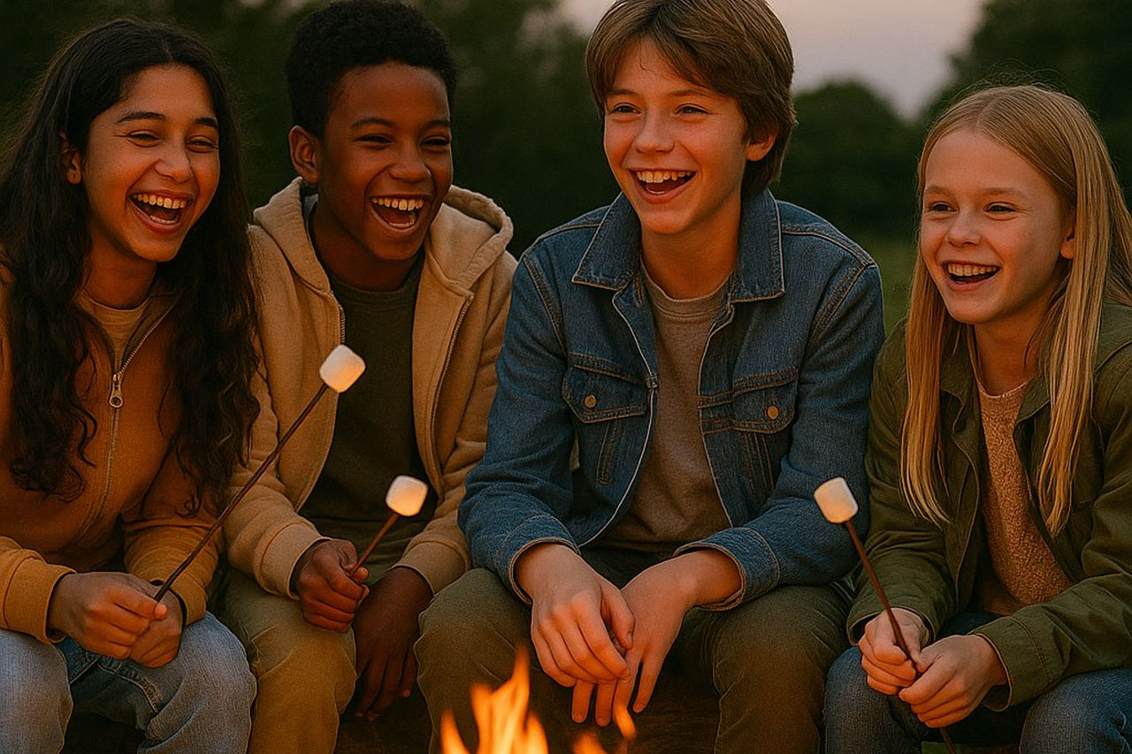 Kinder am Lagerfeuer.